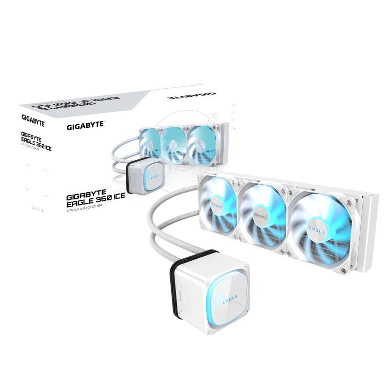 GIGABYTE EAGLE 360 ICE Système de Refroidissement Liquide pour CPU - 3x120mm Ventilateurs ARGB, écran LCD couleur, DAISY-CHAIN, Compatible Intel LGA 1851 et AMD AM5