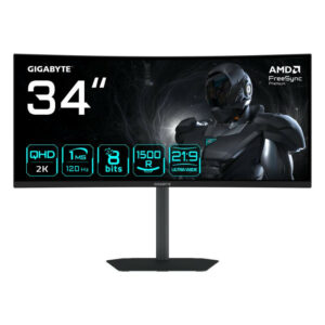 GIGABYTE GS34WQCA Écran Gaming Incurvé 34" WQHD ? 3440 x 1440, 1500R, 120Hz, 1ms, 300 cd/m², FreeSync Premium, HDR Ready, HDMI 2.0, DisplayPort 1.4