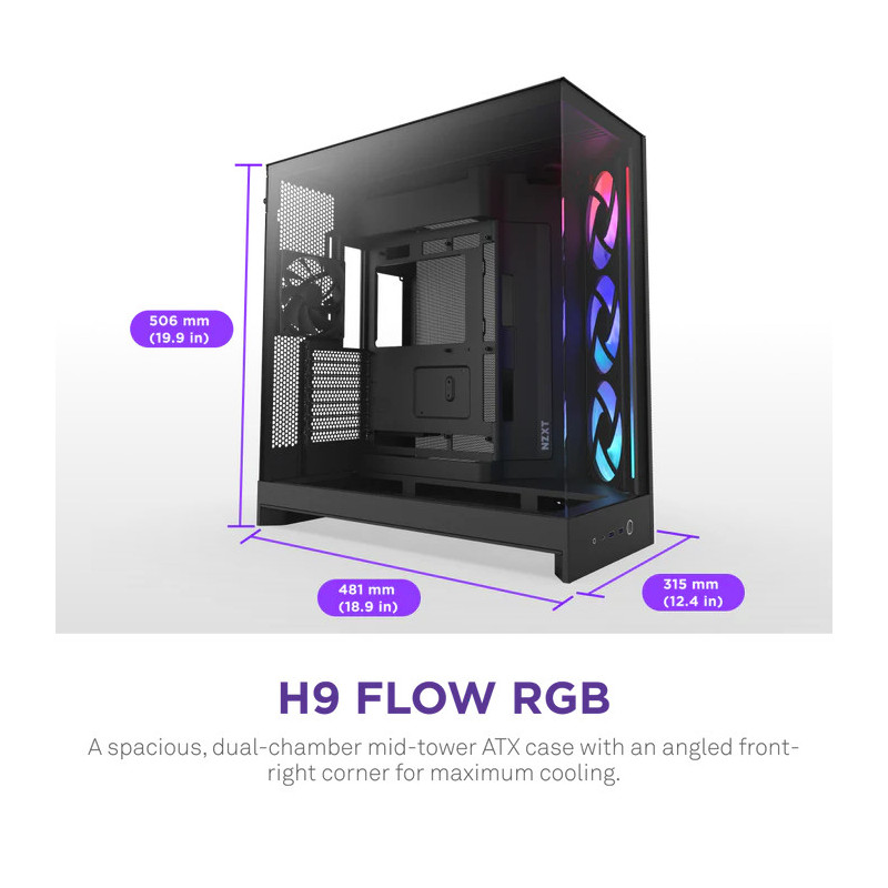 NZXT H9 Flow RGB (CM-H92FB-R1) Dual-Chamber Mid-Tower Case w/ RGB Fans - – Image 2